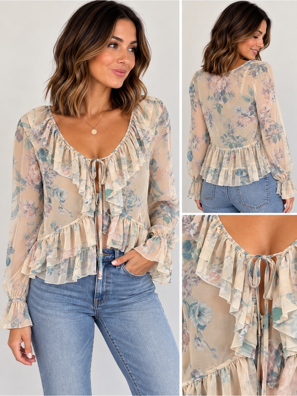Cupcakes and Cashmere Floral Sheer Chiffon Ruffle Tie Front Peplum Blouse Medium